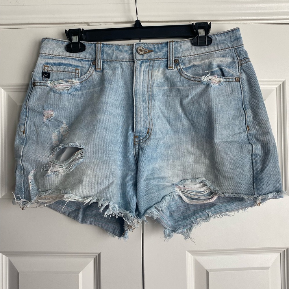 Blue Jean Shorts with Distressed Details and Frayed Hem